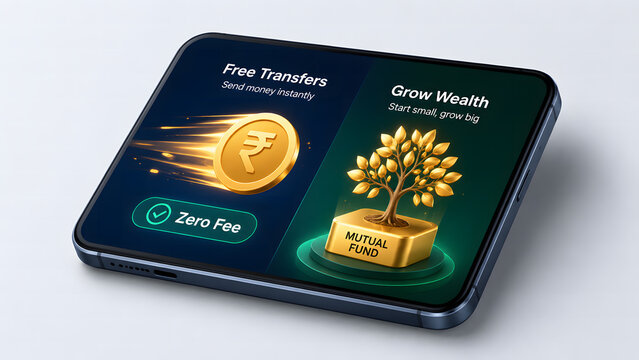 Mobile phone displaying a financial application interface with features for free money transfers and mutual fund investment growth.