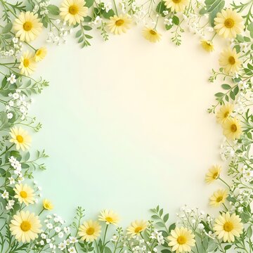 Spring floral border with pastel yellow daisies and white baby's breath on soft green gradient background