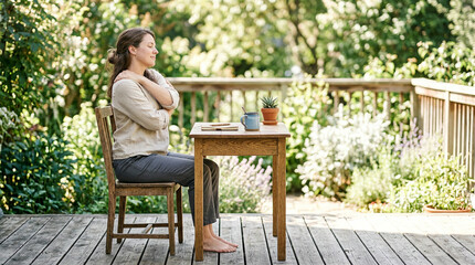 Fototapeta premium Woman in a beige sweater doing a shoulder shrug exercise at an outdoor table