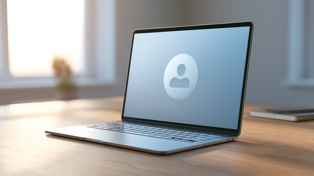 Minimalist home-office scene featuring a laptop and abstract conferencing app icon on display