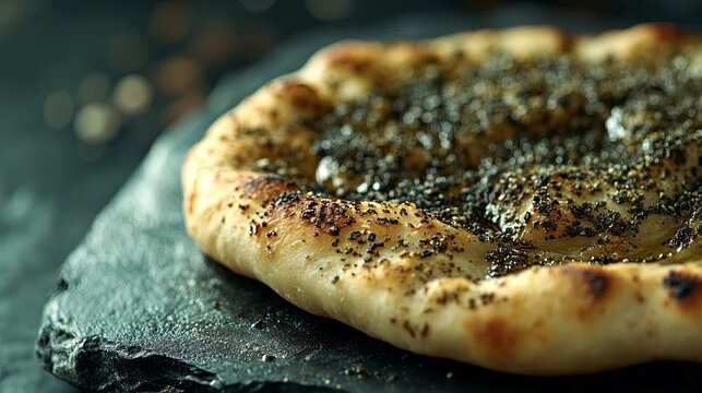 Freshly baked manakish zaatar flatbread middle eastern olive oil herbs crusty edges dark slate background