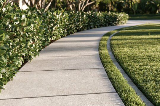 Minimalist landscape featuring Clusia plants along a concrete patio and manicured lawn