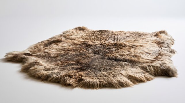 Minimalist product shot of a bearskin rug lying flat on white surface, soft studio lighting