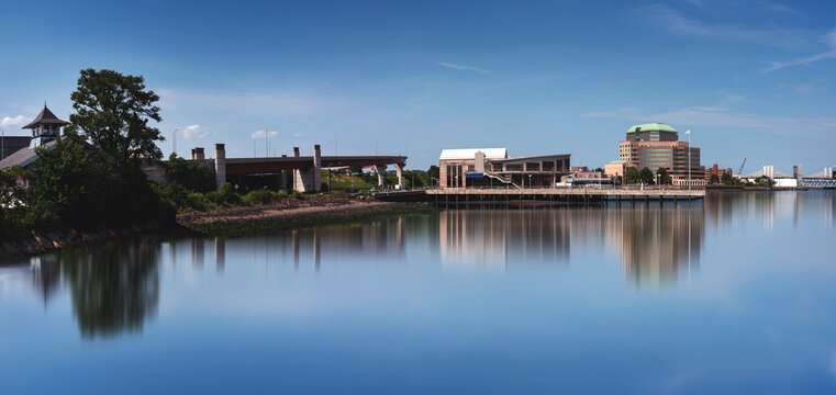 New Haven Harbor seascape panorama at Long Wharf in Connecticut