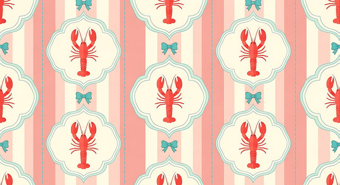 Seamless pattern featuring a red lobster in a decorative frame set against a nautical striped background accented with a cute turquoise bow