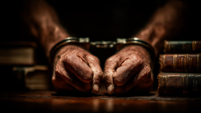 Close Up Of Human Hands Wearing Metallic Handcuffs Resting On Old Leather Books In A Dark Room