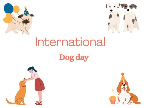 Happy International Dog Day Greeting Card with Cute Dogs and Party Hats