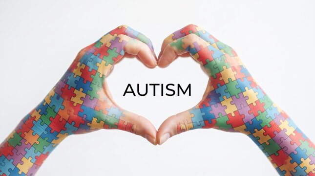 Hands forming a heart shape with puzzle pieces representing autism awareness and acceptance