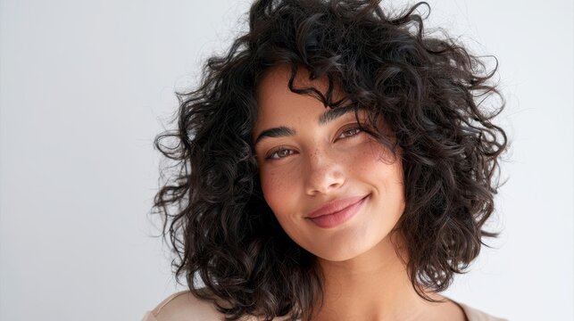 Modern beauty portrait: close-up of a confident mixed-race model with textured curls and radiant skin in a pristine studio