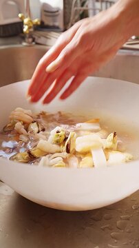 Vertical video. A Hand Rinses Raw Squid, Shrimp And Mussels in a Bowl of Water beside a Kitchen Sink, Preparing Fresh Seafood for Cooking And Healthy Eating