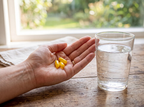Close up of hand holding yellow supplement pills capsules with glass of water on wooden table