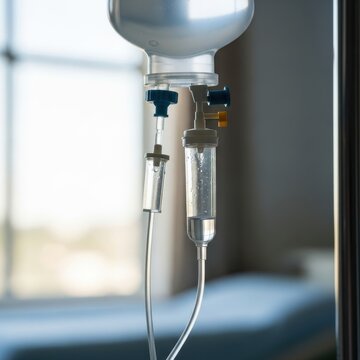 Intravenous IV drip bag and tubing in a hospital setting with soft background blur