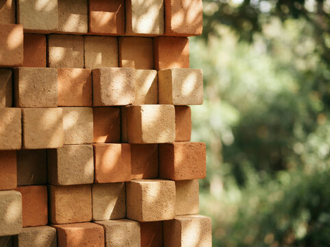 Stack of reddish brown bricks outdoors beneath soft shadows from leafy foliage