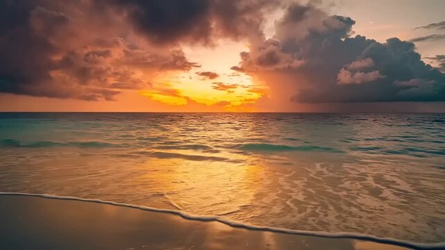 Golden hour sunbeams pierce through storm clouds over serene beach.