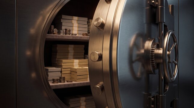 Secure wealth storage concept. Gold bars stacked inside high-security bank vault with combination lock. Financial safety illustration.