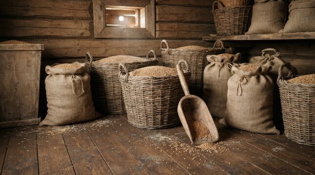 A rustic wooden barn interior filled with burlap sacks of grain and a vintage scoop celebrating the hard work during international day of rural women