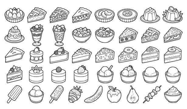 Sweet desserts, fruit treats, pies, and ice cream line art vector icons set isolated on white background