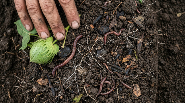 Hand planting regenerative cotton seedlings in healthy soil with earthworms for sustainable agriculture