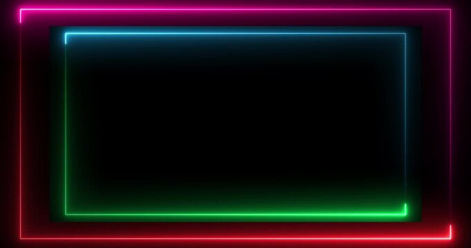 Neon Double Frame Border with Glowing Red Green Blue and Pink Lights on Black Background, Futuristic Rectangle Outline for Gaming Technology and Digital Design
