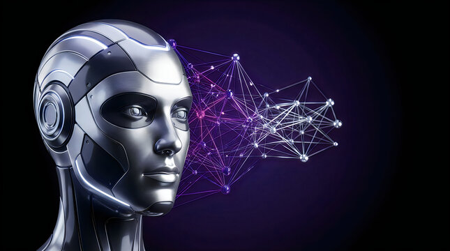Metallic artificial intelligence robot head with glowing purple neural network connections representing machine learning and humanoid cybernetic