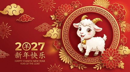 Fototapeta premium 2027 chinese new year greeting card with frame surrounded traditional greeting with greeting