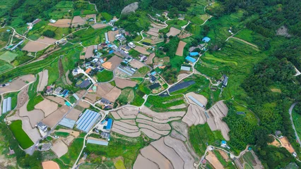 Fotobehang Groen Top down 4K drone view of Yeosu Dolsan farmland fields and rural patterns in August  © 은수 조