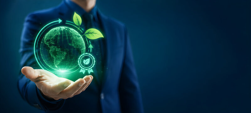 Businessman Hand Holding Glowing Green Globe with Leaves for ESG Environmental Sustainability Concept