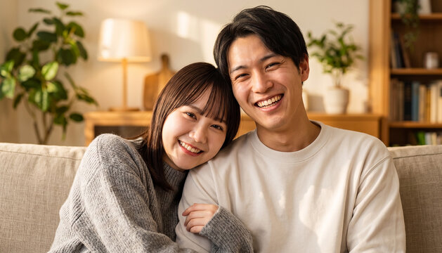 Smiling young Japanese couple relaxing together on a cozy living room sofa at home, happy lifestyle and relationship concept