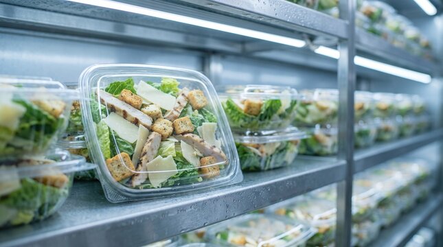 Prepackaged Caesar salads in plastic containers displayed on metal commercial shelves