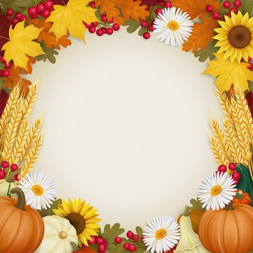 Rustic Autumn Harvest Frame with Pumpkins, Sunflowers, Wheat and Red Berries on Warm Background