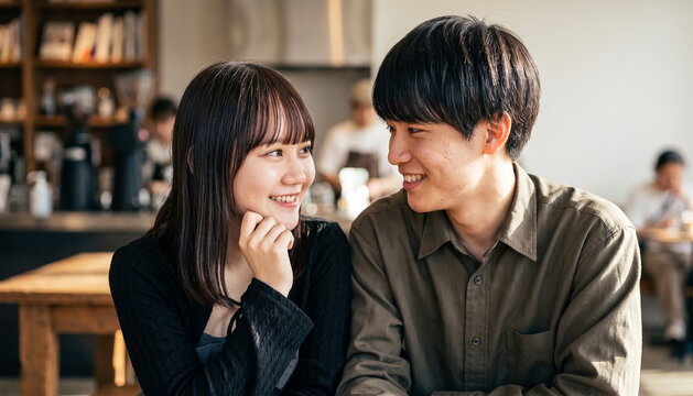 Young Asian couple smiling and looking at each other affectionately inside a cozy cafe with warm lighting, capturing a romantic and happy moment