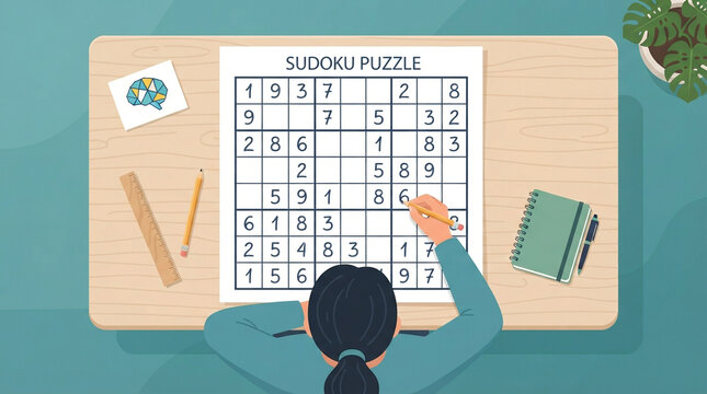 Sudoku puzzle flat vector illustration. Woman solving logic game at desk. Brain teaser number puzzle concept for hobby and leisure.