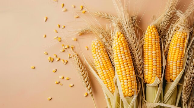 Fresh corn cobs and wheat creating harvest background