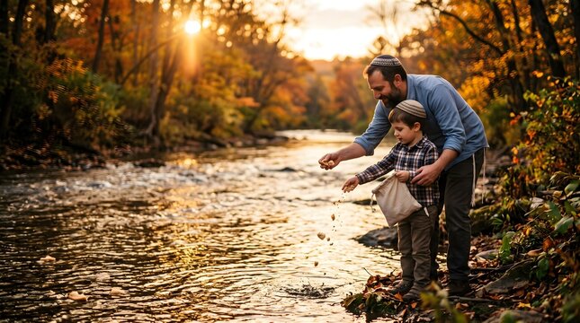 Jewish Father and Son Perform Tashlich Ritual, Casting Bread into River at Sunset for Rosh Hashanah