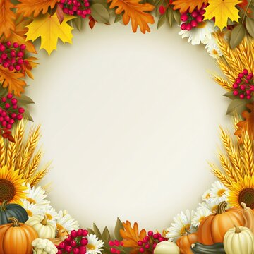 Rustic Autumn Harvest Frame with Pumpkins, Sunflowers, Wheat and Red Berries on Warm Background