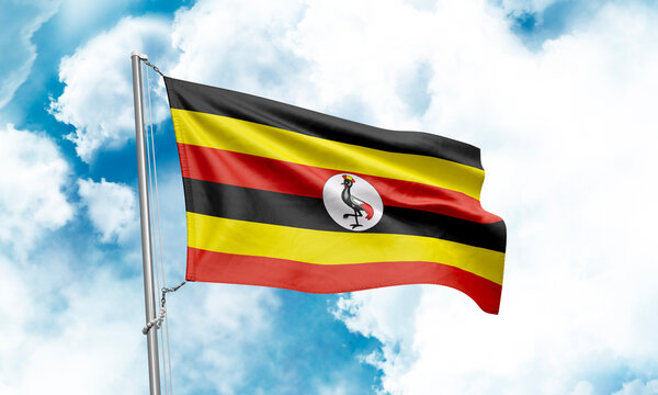 Uganda flag waving on sky background. 3D Rendering