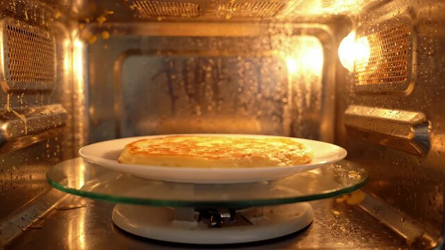 Round flatbread pancake heating on a white plate inside a lit microwave oven interior