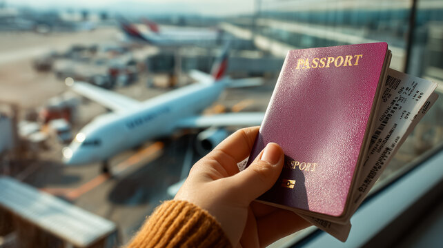 Person Holding A Passport With Boarding Pass At An Airport Terminal Overlooking Parked Aircraft