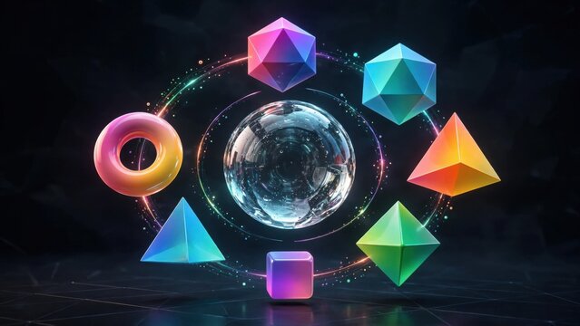 Abstract Geometric Shapes and Orb in Neon Glow.