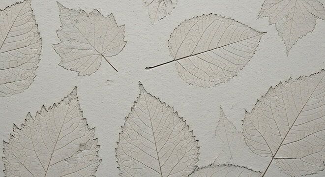 Natural leaf imprint on light concrete texture featuring an elegant pattern and rustic fossilized aesthetic for interior design