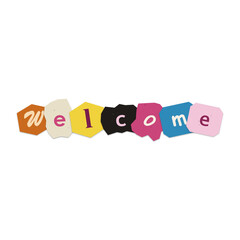 Colorful welcome sign made of individual paper cut out letters arranged in a row isolated on transparent background © Jubayer