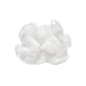 A fluffy clump of white cotton fibers isolated on a clean white background