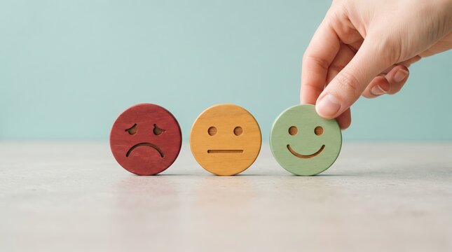 Hand selecting a happy face from a row of wooden emotion tokens