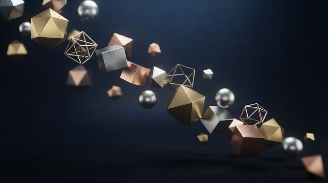 Floating geometric shapes collection with metallic reflective surfaces in space transparent background