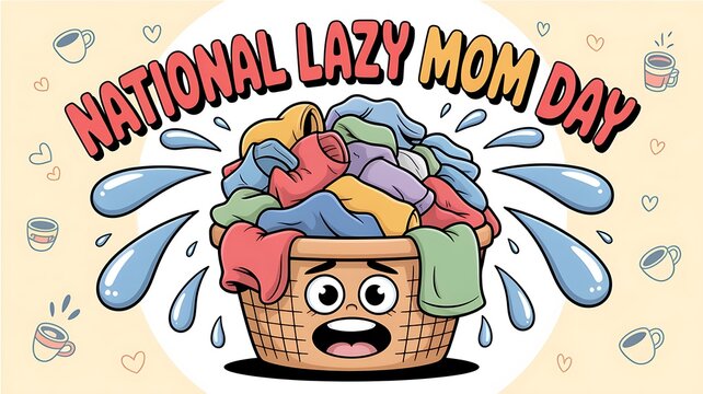 National lazy mom day illustration featuring a cartoon laundry basket overflowing with colorful dirty clothes