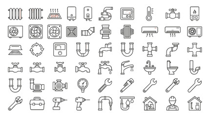Fototapeta premium HVAC Plumbing and Home Heating Line Icon Set with Ventilation Air Conditioning Pipe Repair Tools and Climate Control System Symbols