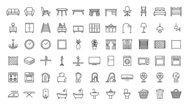 ome Furniture and Household Appliances Line Icon Set with Interior Decor Items Kitchen Electronics Living Room and Bathroom Utilities Symbols.