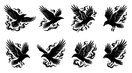 Naklejka premium Raven silhouette icon set. Flying crow vector graphics with mystical smoke elements.