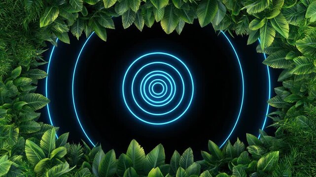Green leaf border framing glowing blue neon ripples on black