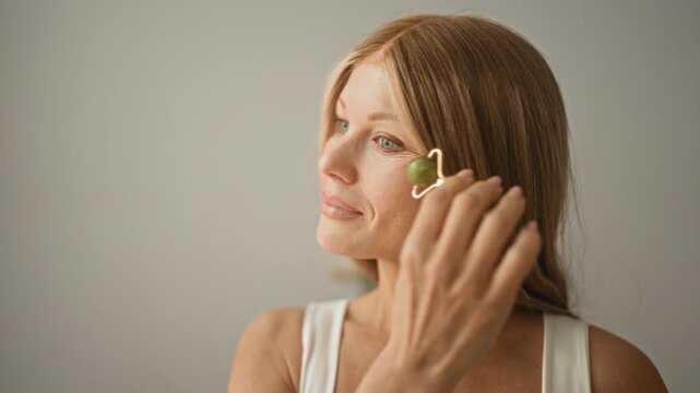 Woman rolling a jade face roller under the eye and along the cheek in a minimal studio setting; wellness calm.